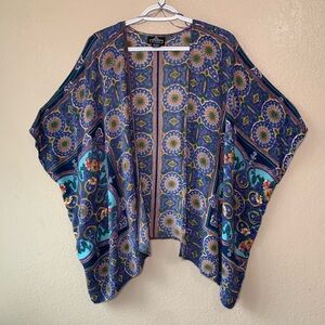 ANGIE Boho Beachy Navy Blue Teal Floral Open Front Kimono Size M